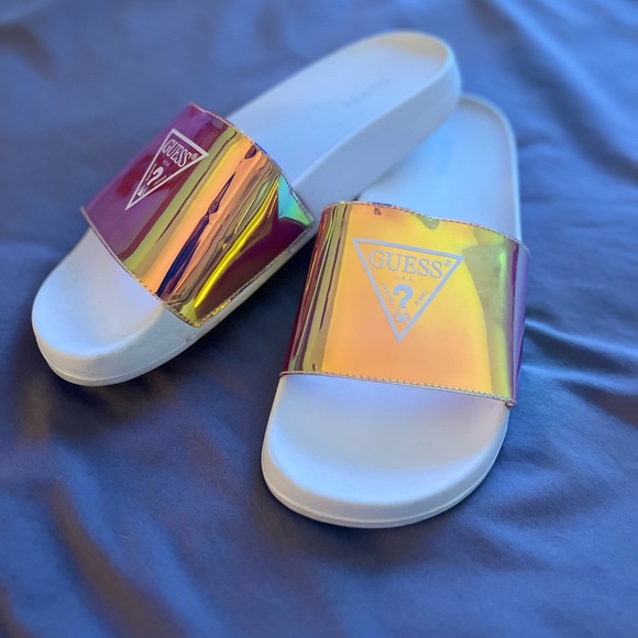 GUESS Pool Slides Iridescent Holgraphic - Picture 2 of 7